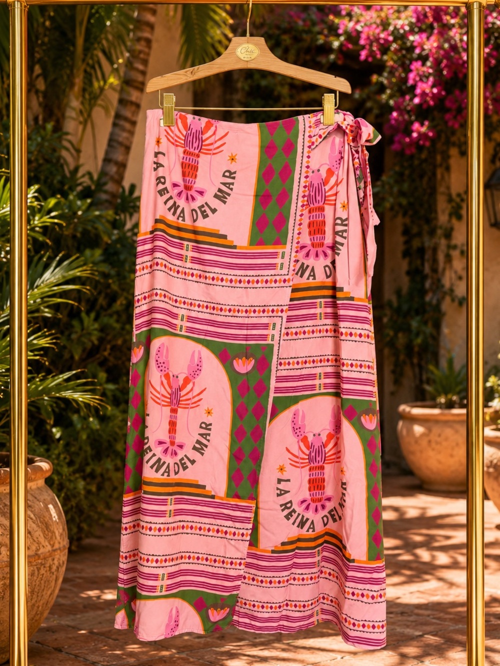 Made in Italy Coastal Print Pink & Green Wrap Maxi Skirt M/L